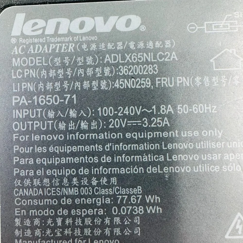 Lenovo 65W 20V 4.5A Thinkpad Laptop AC adapter Charger Flat Tip OEM Genuine
